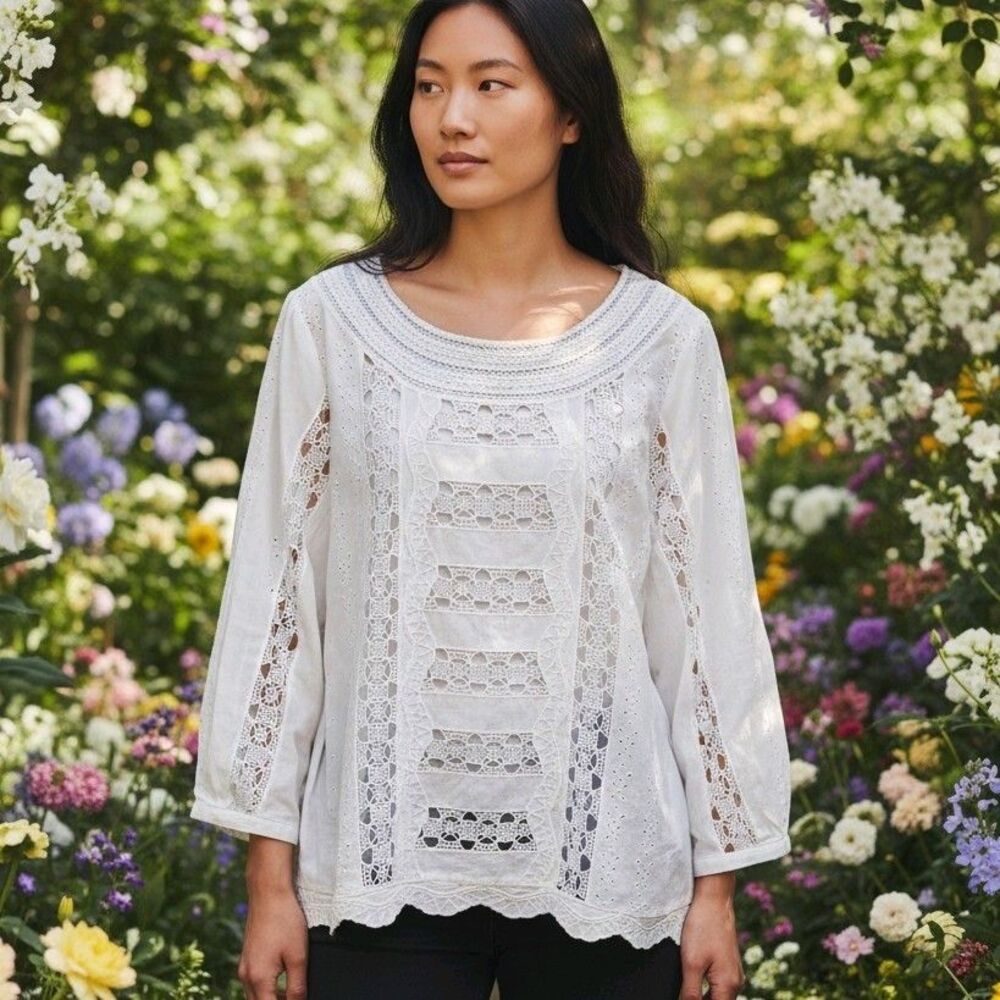 White House Black Market Eyelet Blouse Sz 12 L Crochet Embroidered Feminine *TAG